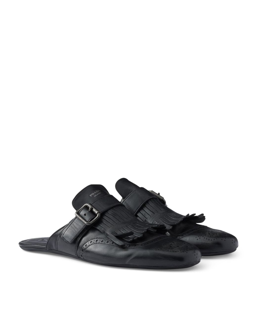 Prada Black Calf Leather Fringed Monk-Strap Mules for men