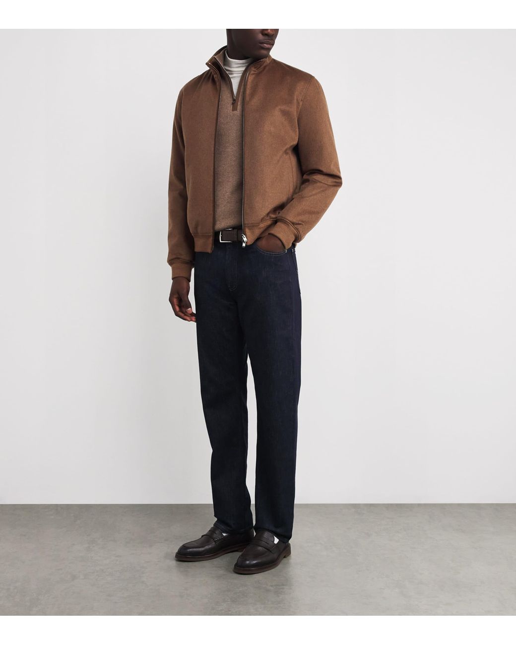 Agnona Brown Cashmere High-Neck Bomber Jacket for men