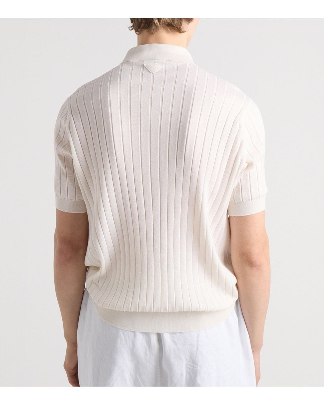Prada White Cashmere-Silk Ribbed Polo Shirt for men