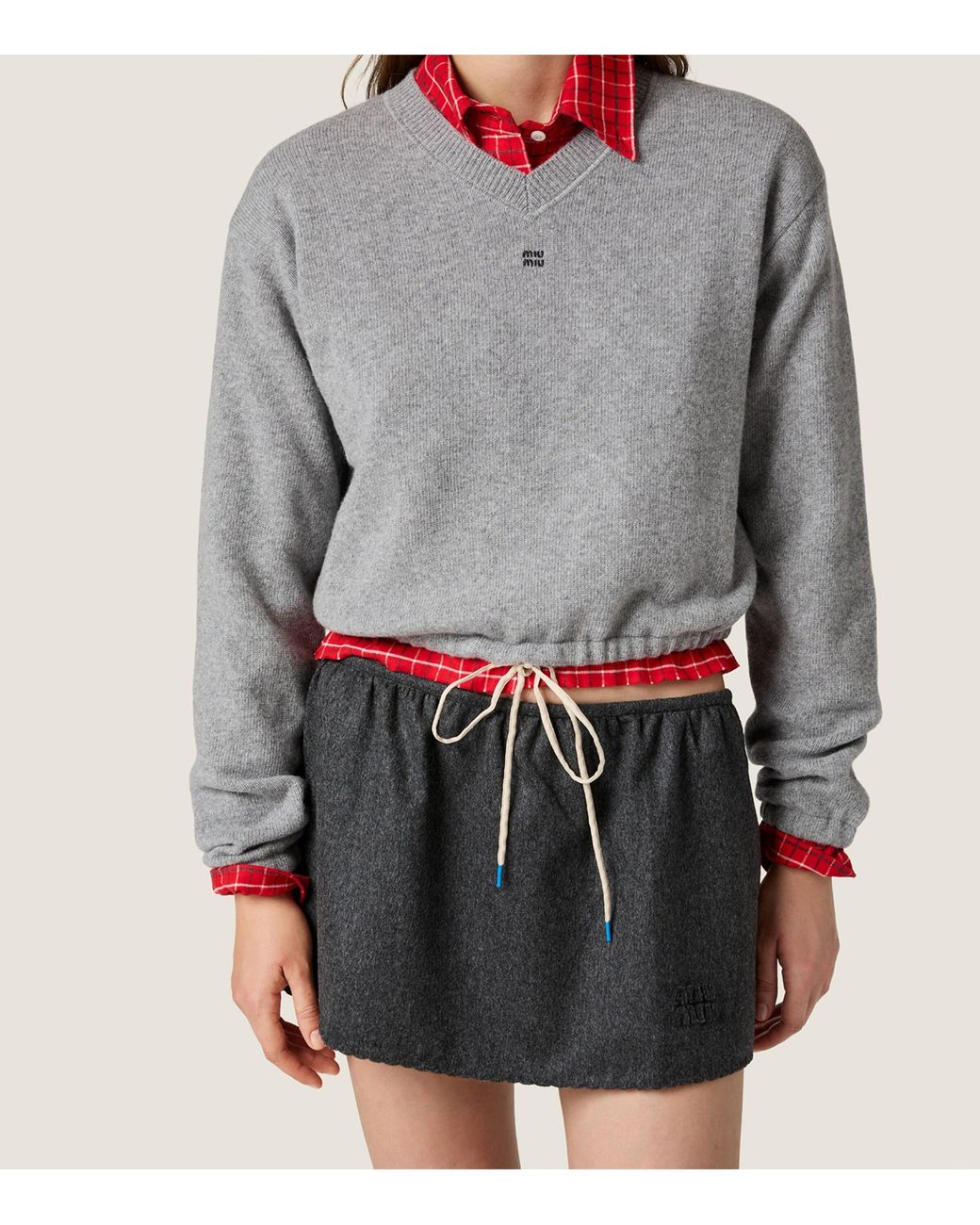 Miu Miu Gray Wool-Cashmere Cropped V-Neck Sweater