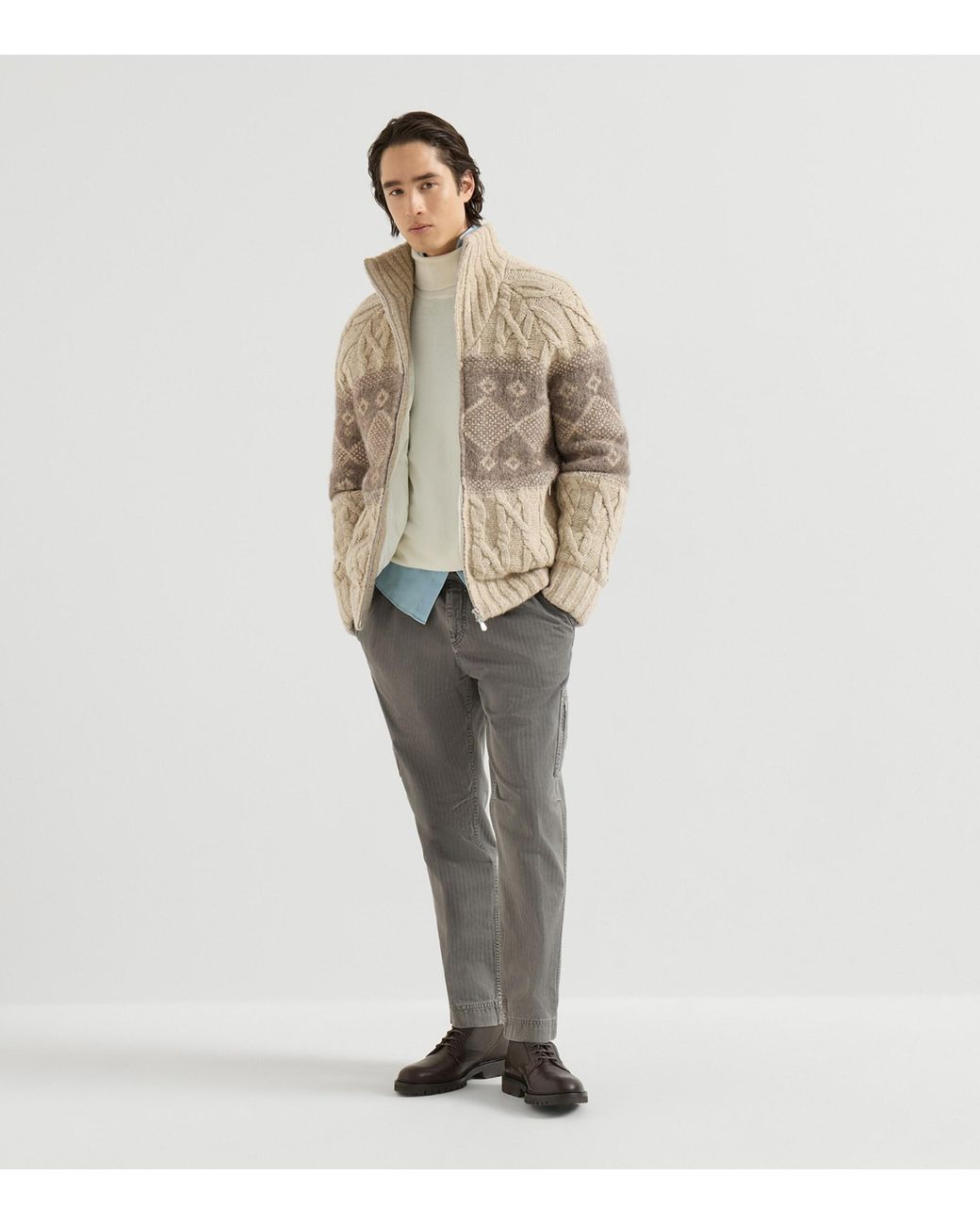 Brunello Cucinelli Natural Virgin Wool-Silk-Cashmere Cable-Knit Down Jacket for men