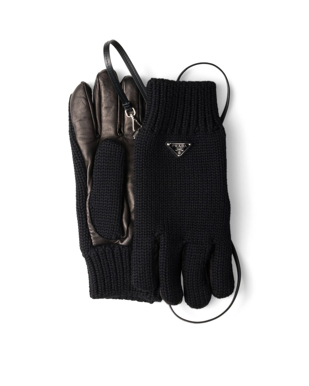Prada Black Virgin Wool Nappa Leather-Trimmed Gloves for men