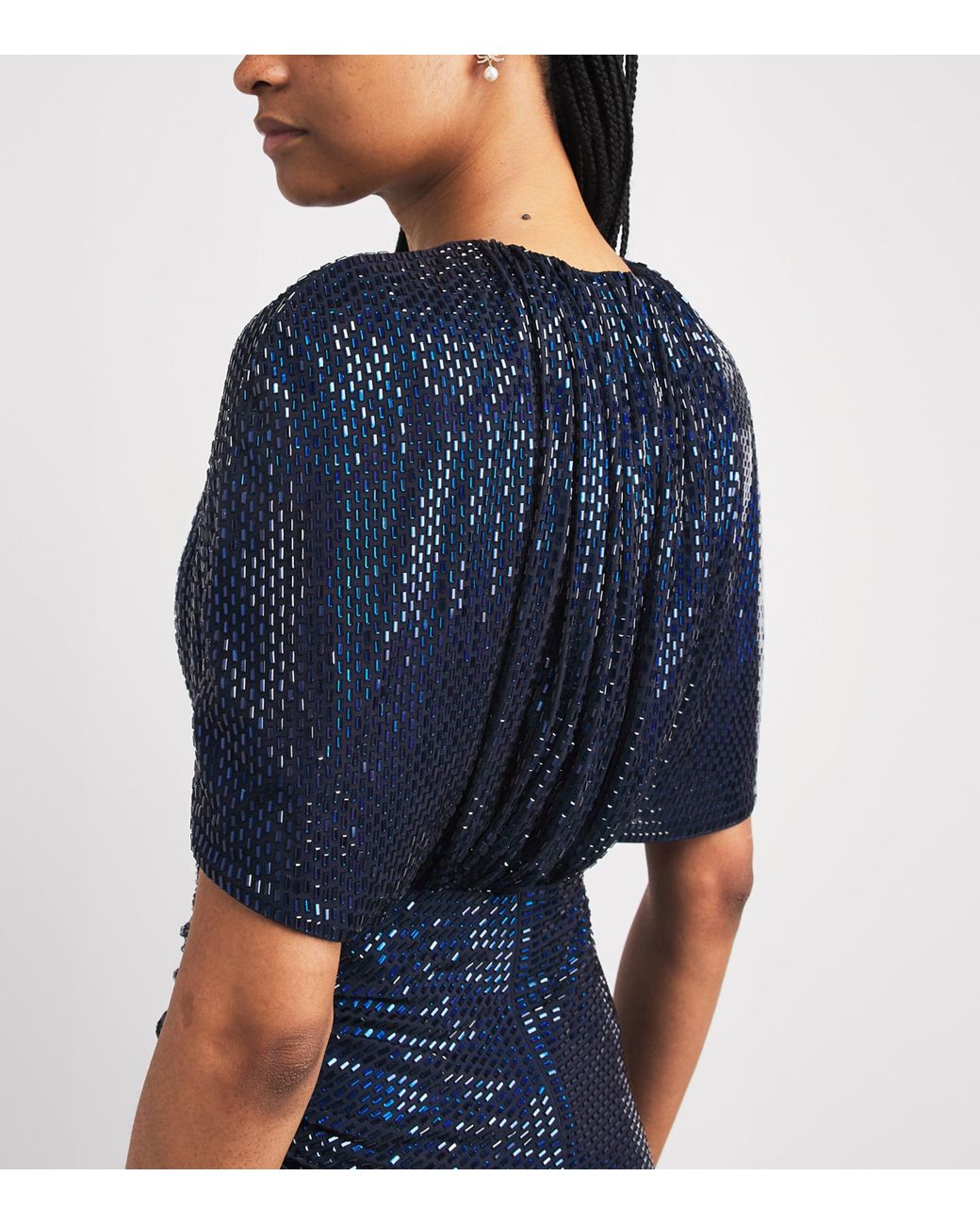 Self-Portrait Blue Rhinestone Cape-Sleeve Midi Dress