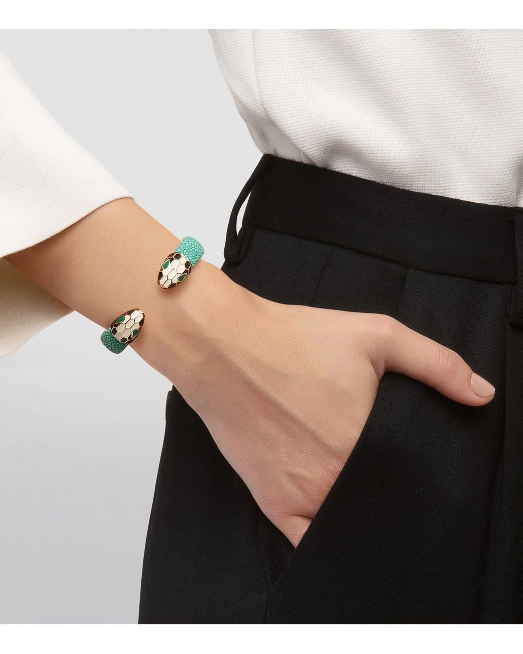 BVLGARI Green Leather Serpenti Forever Bangle (Medium)