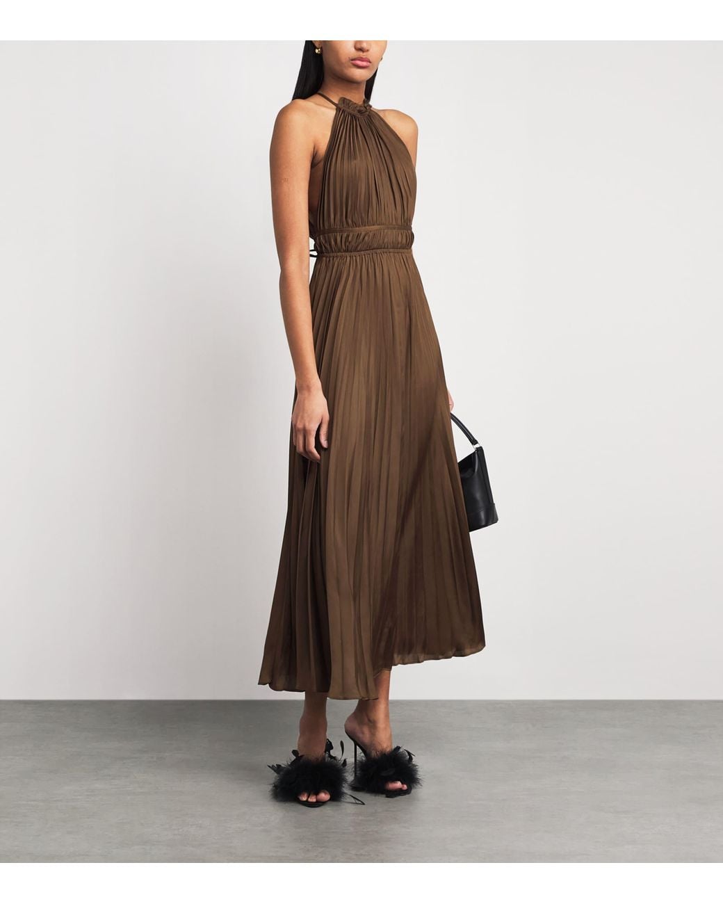Maje Brown Satin Pleated Maxi Dress