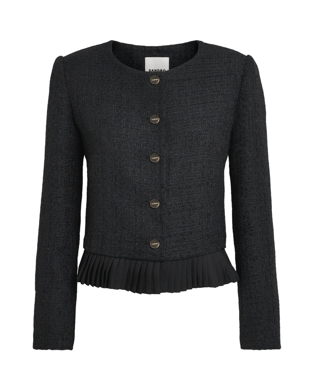 Sandro Black Tweed Ruffle-Trim Jacket