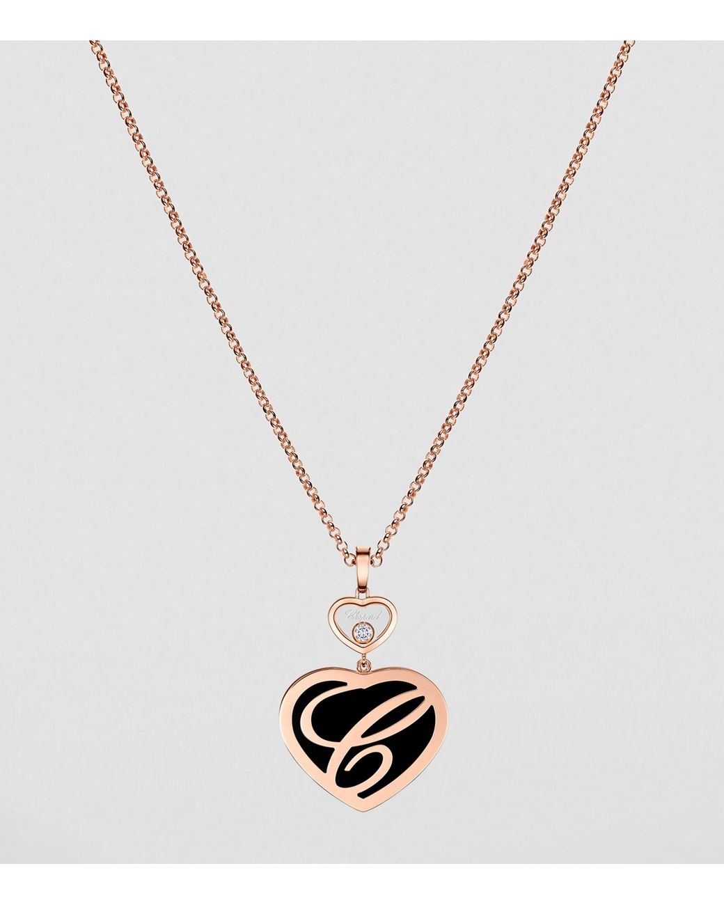 Chopard Metallic Diamond And Onyx Happy Hearts Pendant Necklace
