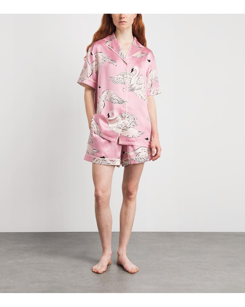 Olivia Von Halle Pink Silk Ingo Selene Swan Short Pyjamas