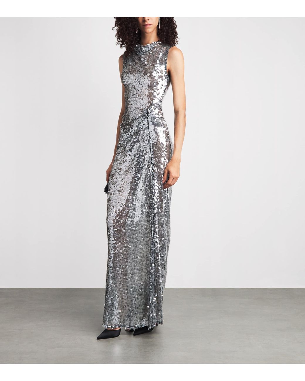 LAPOINTE Gray Sequin Tuck-Detail Gown