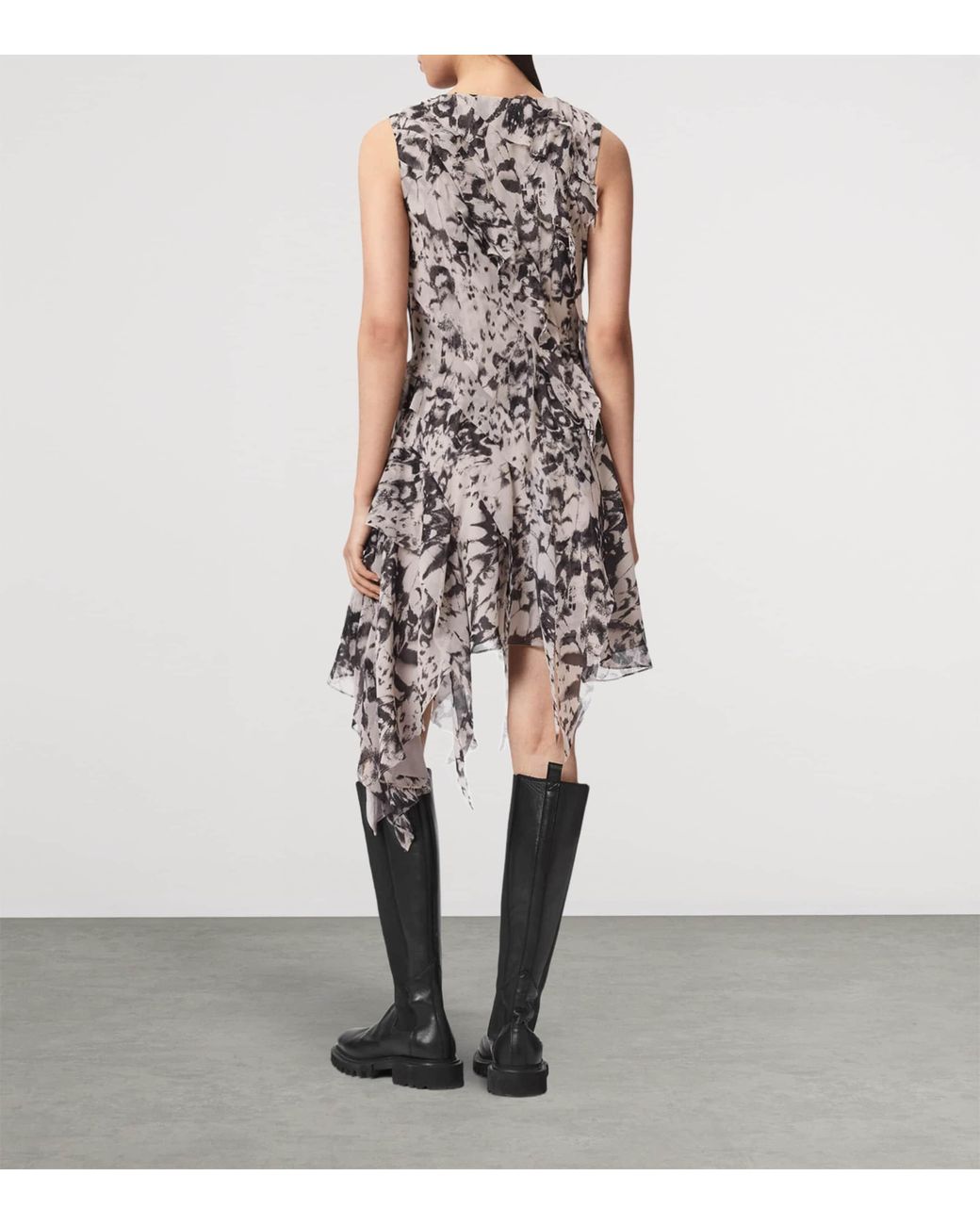 AllSaints White Ruffled Asymmetric Angie Midi Dress