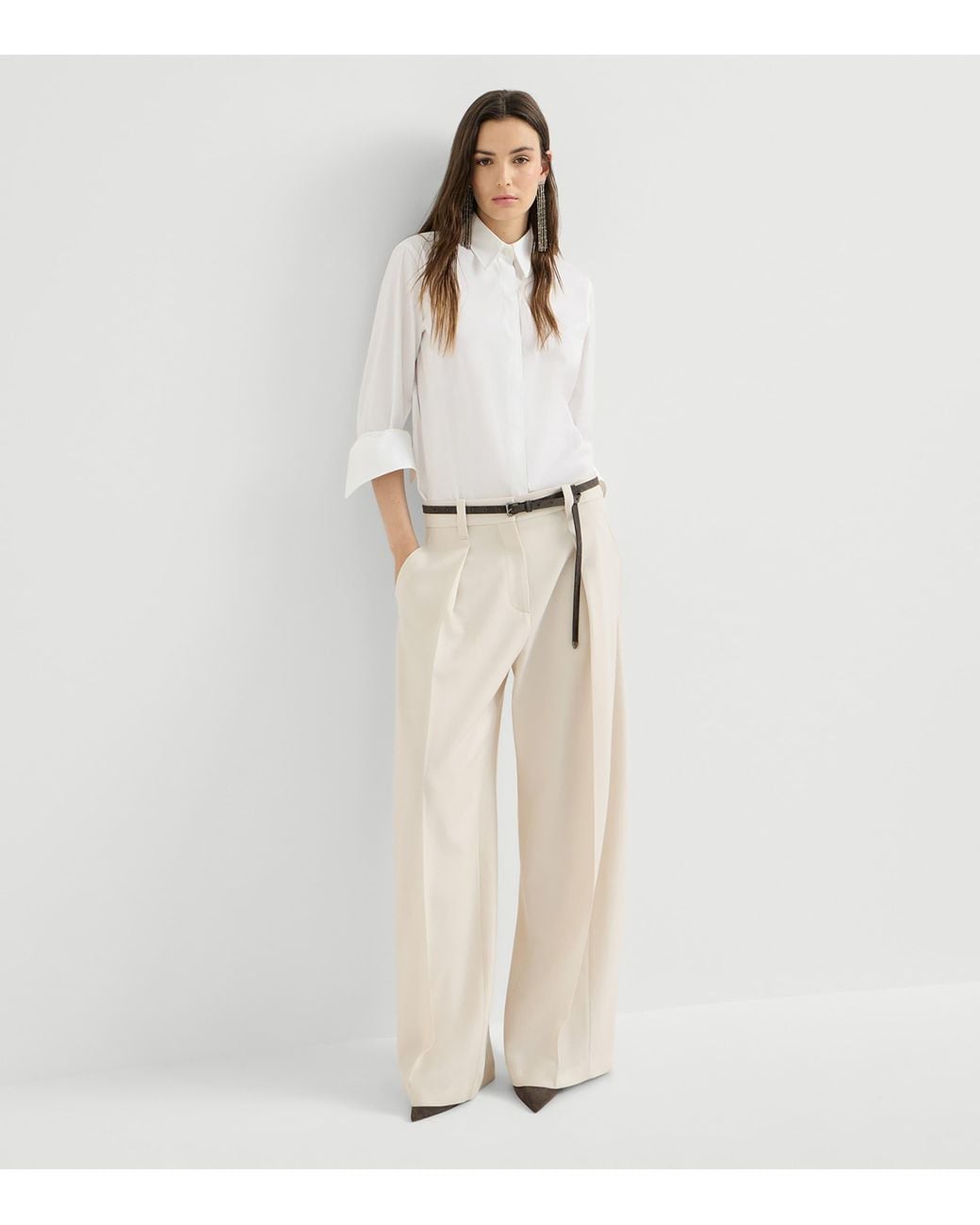 Brunello Cucinelli White Virgin Wool Pleated Wide-Leg Trousers