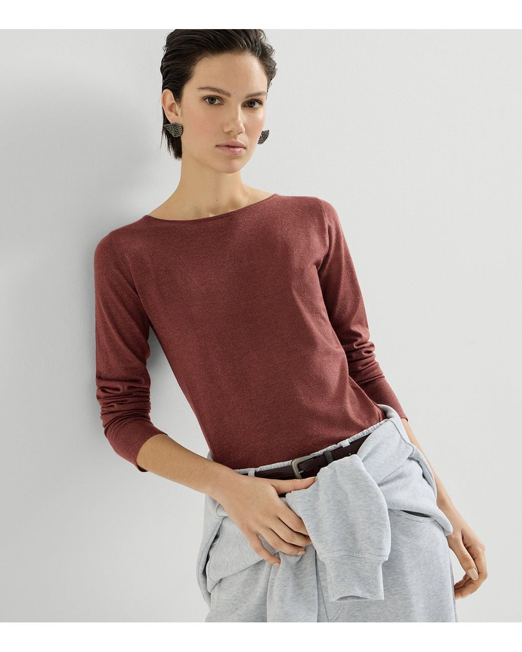 Brunello Cucinelli Red Cashmere-Blend Sparkling Long-Sleeve T-Shirt