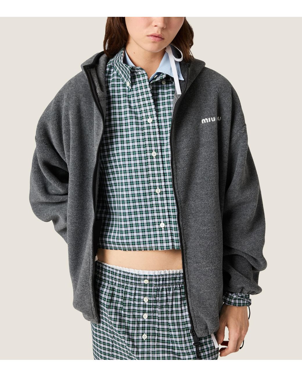 Miu Miu Gray Fleece Zip-Up Hooded Jacket