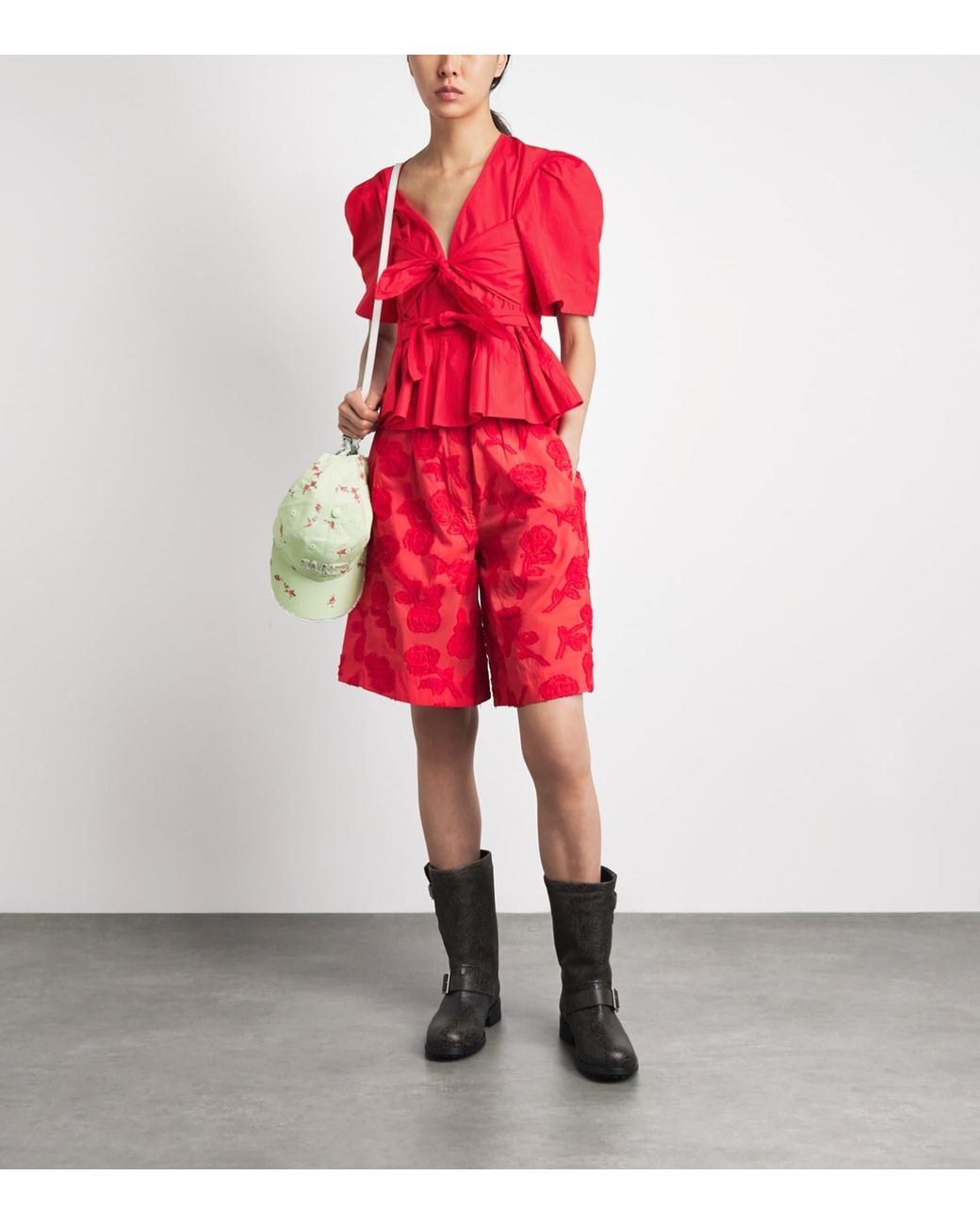 Ganni Red Cotton Bow-Detail Blouse
