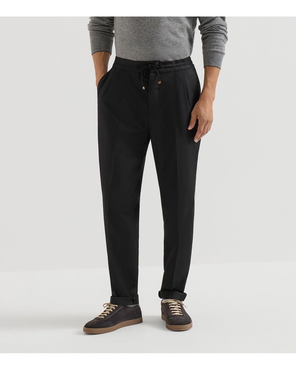 Brunello Cucinelli Black Virgin Wool Flannel Trousers for men