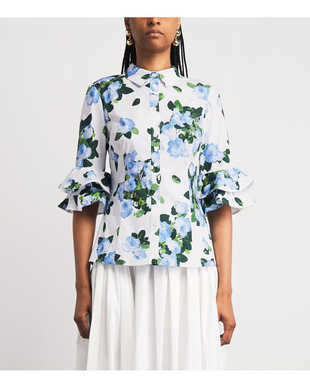 Carolina Herrera Blue Rose Print Ruffle-Sleeve Shirt