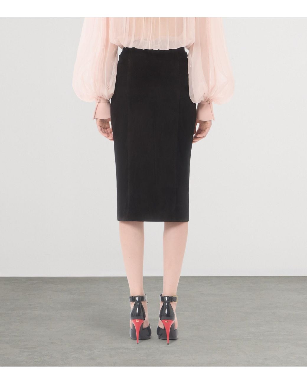 Valentino Black Suede Gathered Midi Skirt