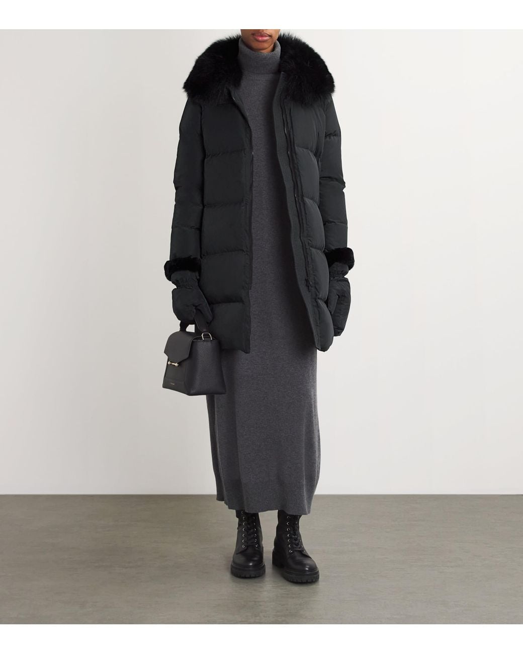 Yves Salomon Black Fur-Trim Down Coat With Mittens