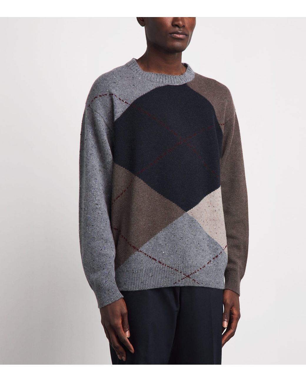 Johnstons Gray Cashmere Exploded Argyle Sweater for men