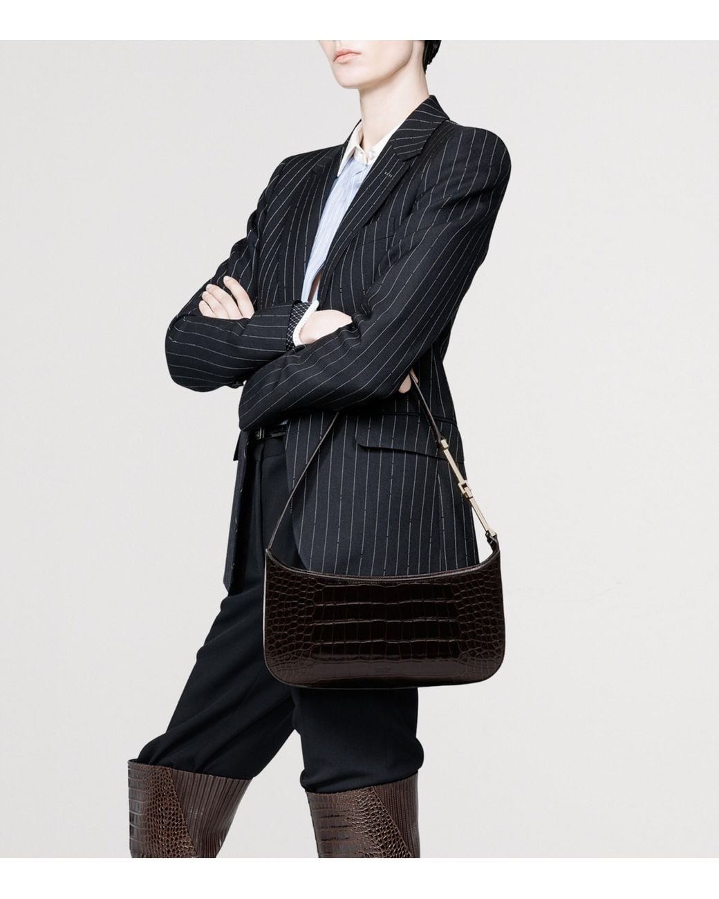 Tom Ford Black Small Croc-Embossed Leather Arc Shoulder Bag