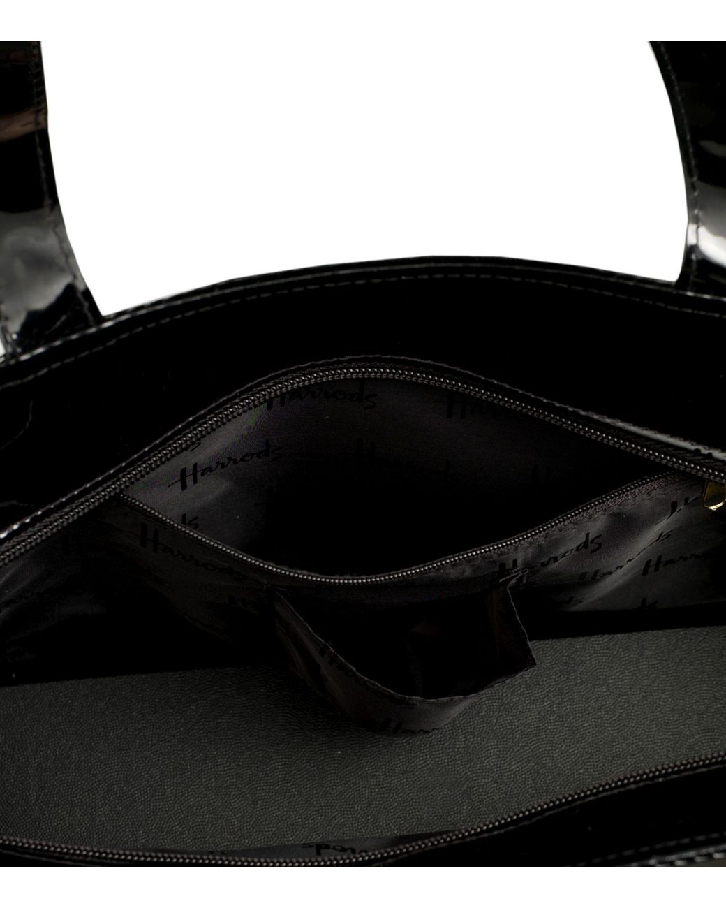 Harrods Signature Logo large Shopper Bag   Fermeture avec bouton magnétique et poche intérieure avec fermeture éclair   Sac à main noir en PVC avec logo or   Gousset Porte Té 