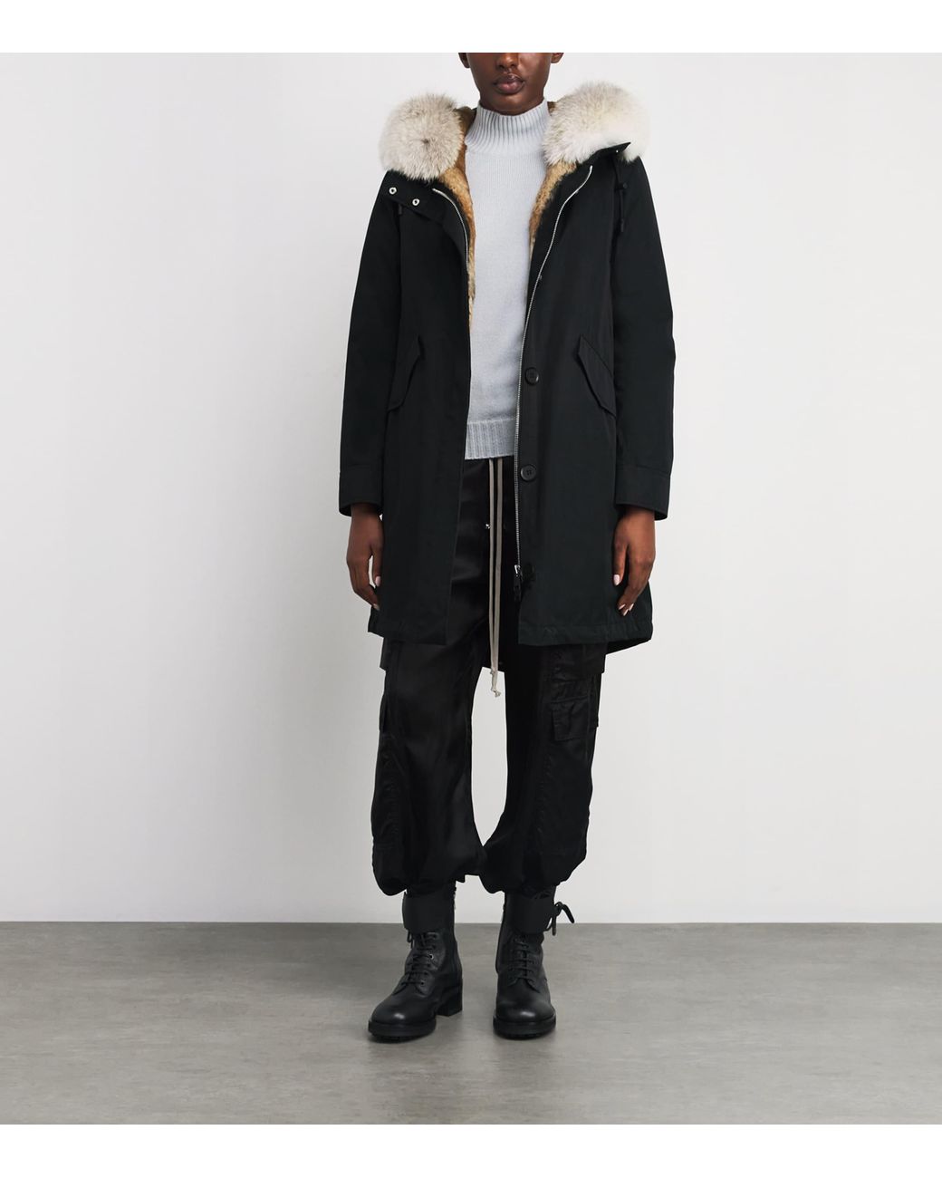 Yves Salomon Black Fox-Rabbit Blended-Cotton Parka