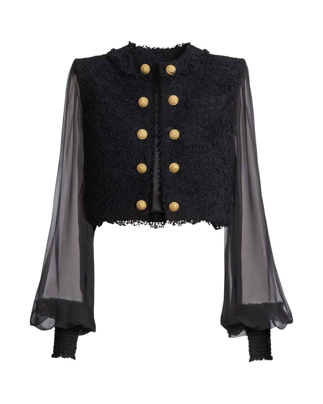 Balmain Black Tweed Muslin-Sleeve Blouse