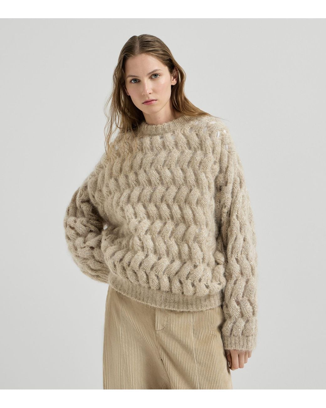 Brunello Cucinelli Natural Dazzling Cable-Knit Sweater