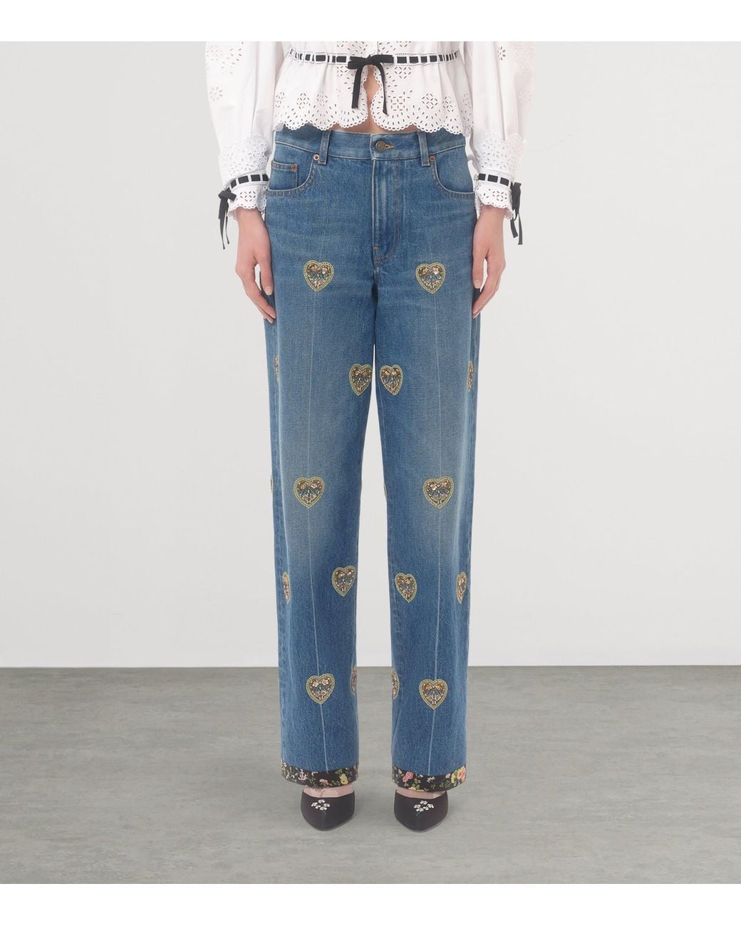Valentino Blue Straight Embroidered-Detail Jeans