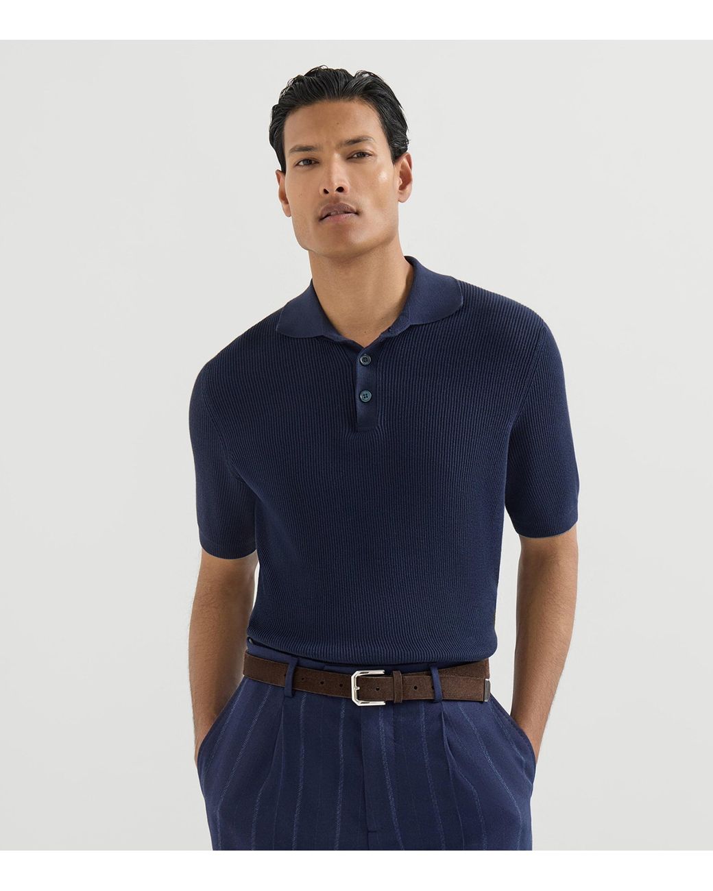 Brunello Cucinelli Blue Cotton Rib-Knit Polo Shirt for men