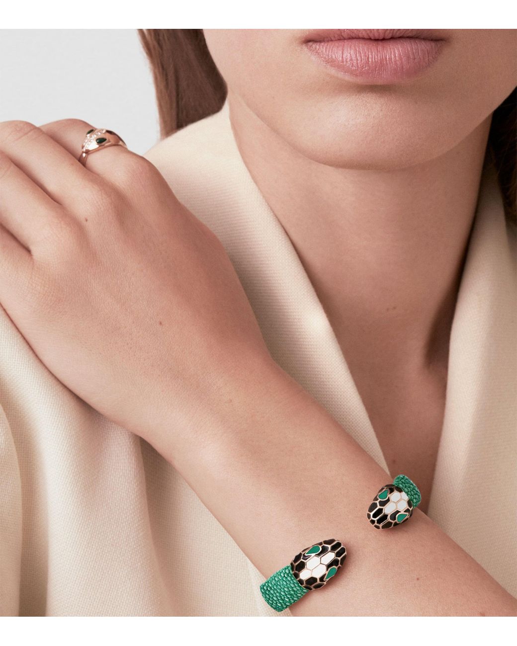 BVLGARI Green Leather Serpenti Forever Bangle (Medium)