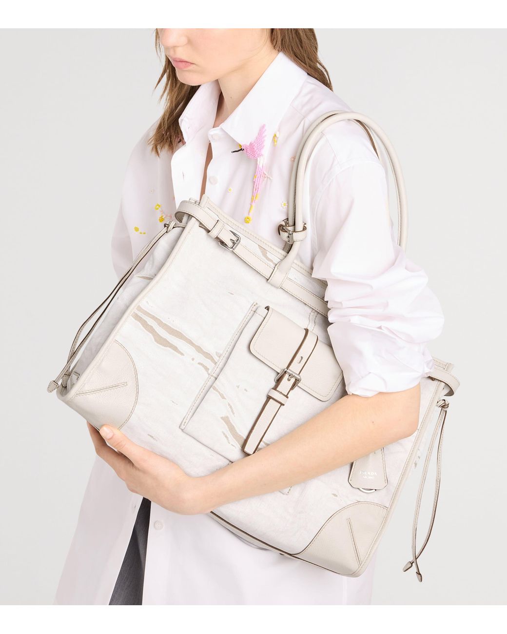 Prada Gray Printed Linen Bonnie Shoulder Bag