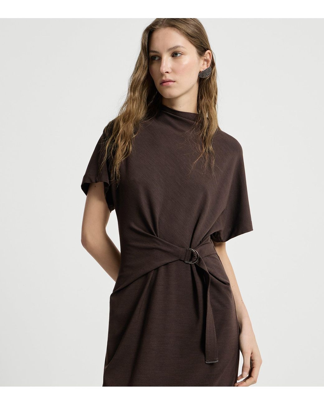 Brunello Cucinelli Brown Wool-Blend Belted Midi Dress