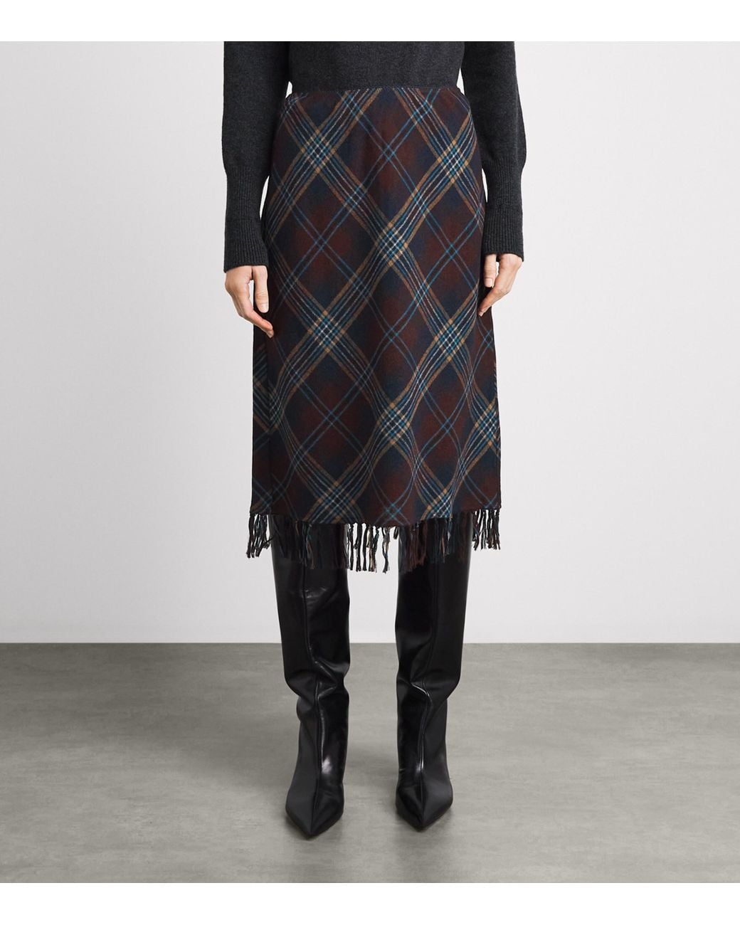 Doen Black Plaid Knotted-Fringe Elowette Midi Skirt