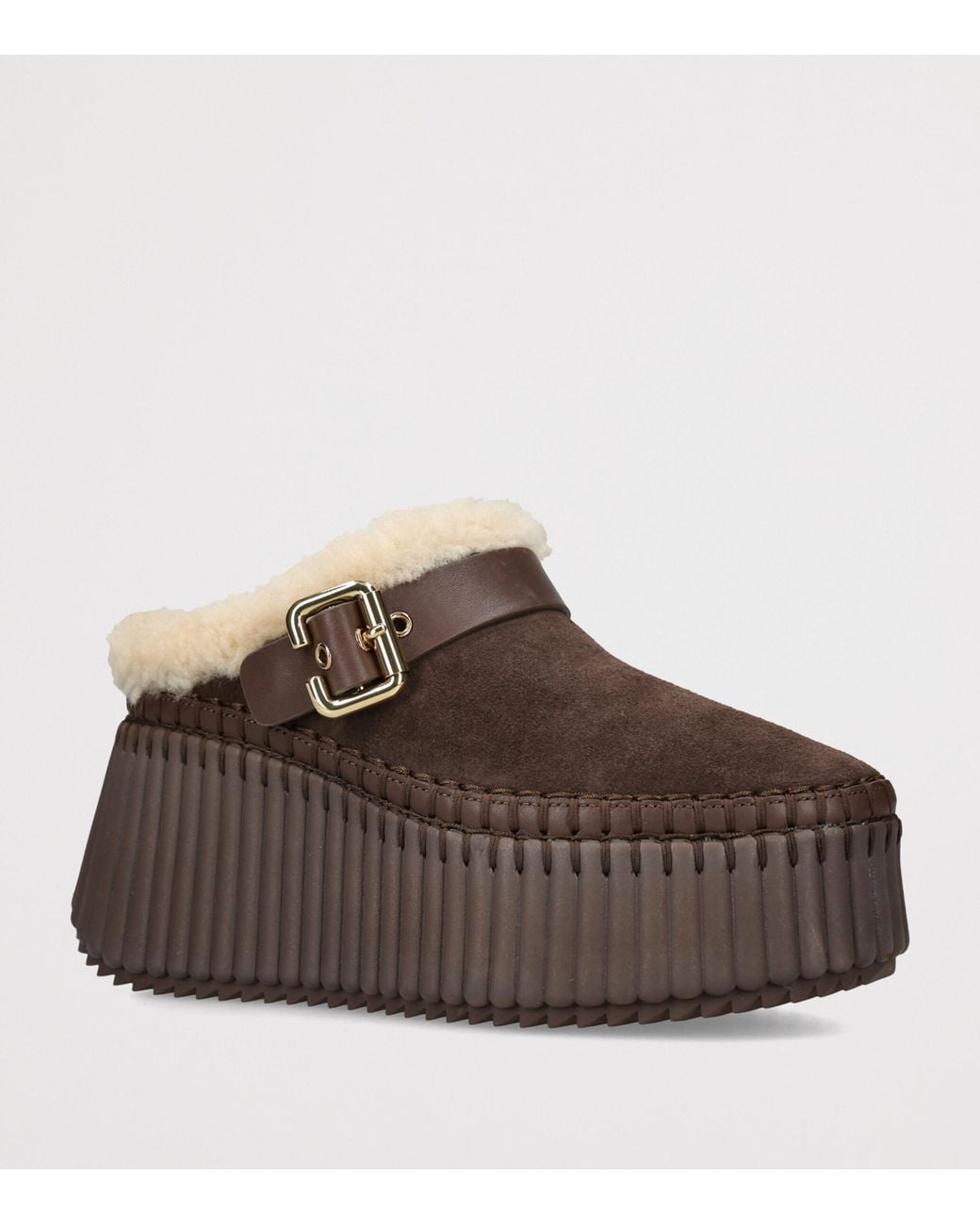Chloé Brown Suede-Shearling Nama Wedge Mules 90