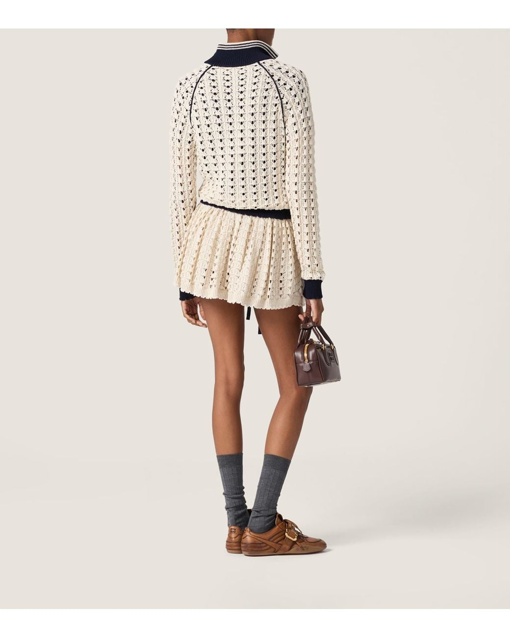Miu Miu Natural Cotton Openwork-Knit Mini Skirt