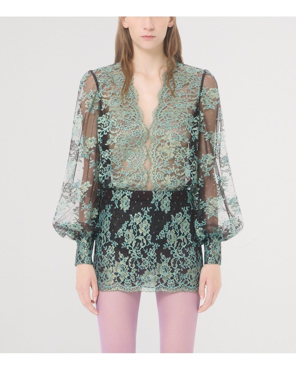 Valentino Green Lace Long-Sleeve Blouse