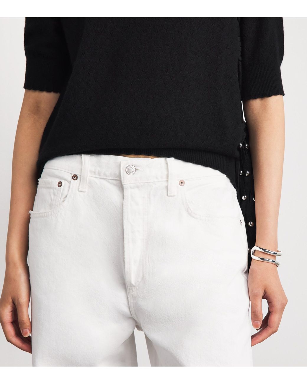 7 For All Mankind Black Cashmere Pointelle Short-Sleeve Sweater