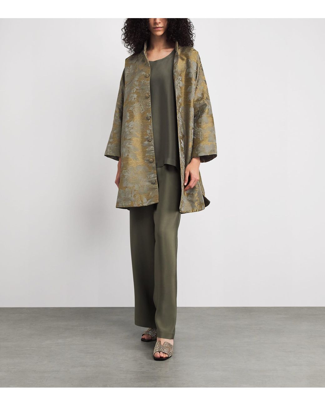 Eskandar Green Jacquard Stand-Collar Coat
