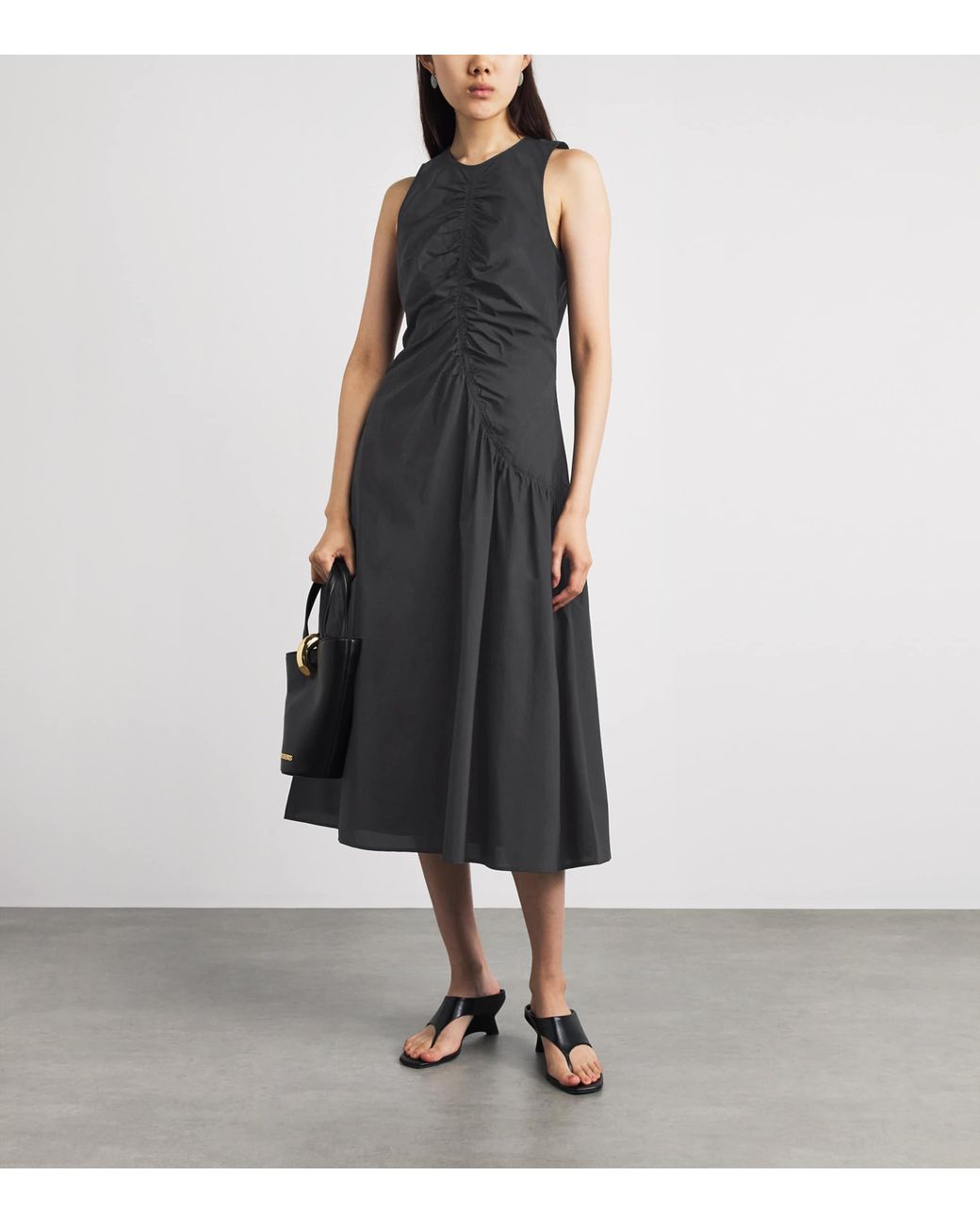Theory Black Cotton Ruched Asymmetric Midi Dress