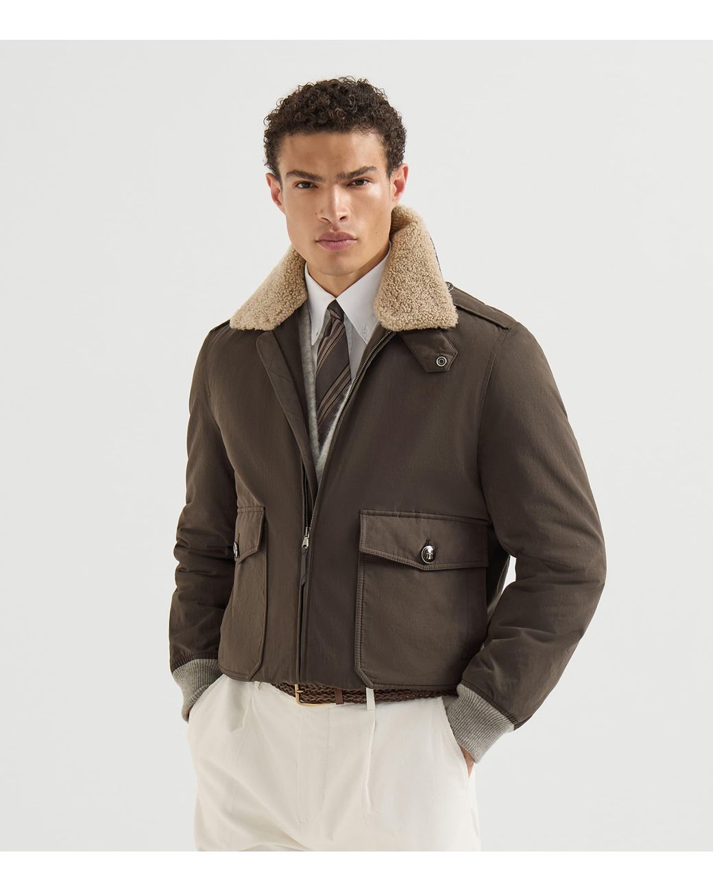 Brunello Cucinelli Brown Waxed Techno-Cotton Bomber Jacket for men
