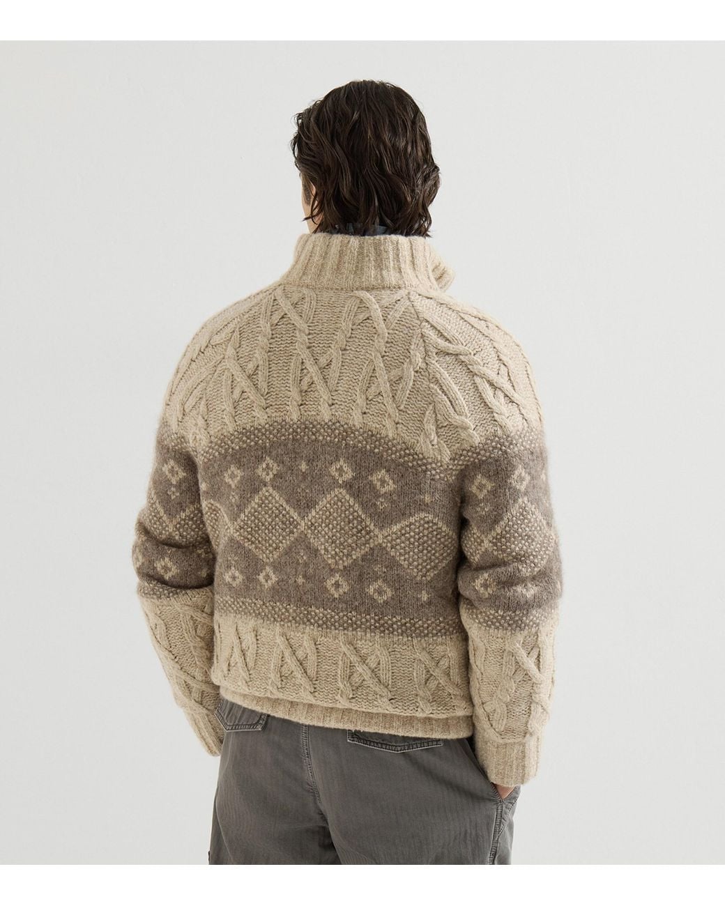Brunello Cucinelli Natural Virgin Wool-Silk-Cashmere Cable-Knit Down Jacket for men