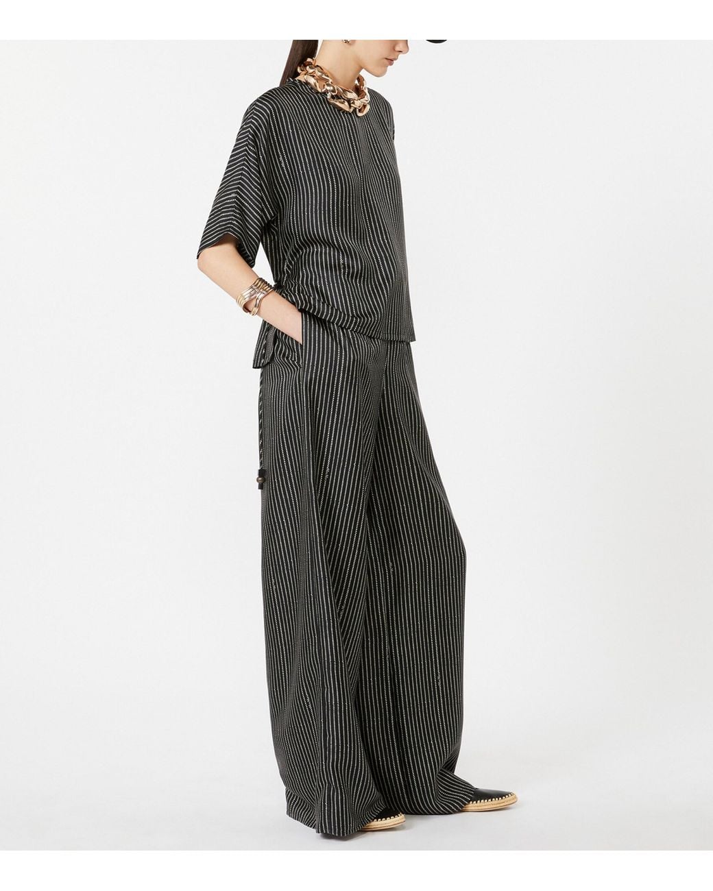 Max Mara Gray Silk Stripe Drawstring Trousers