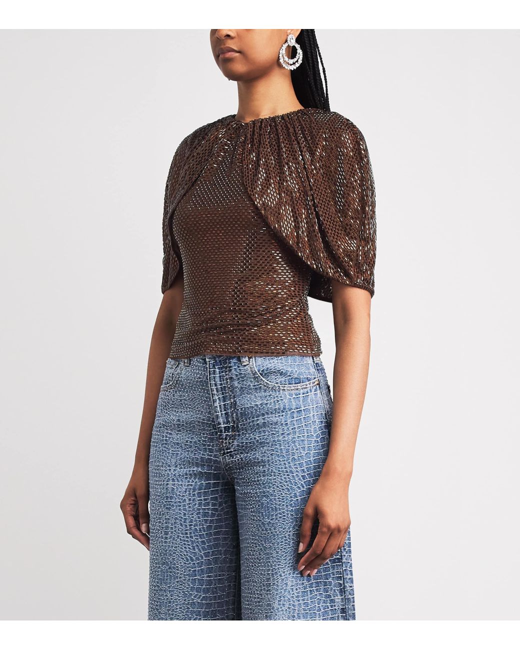 Self-Portrait Brown Embellished Cape-Sleeve Blouse