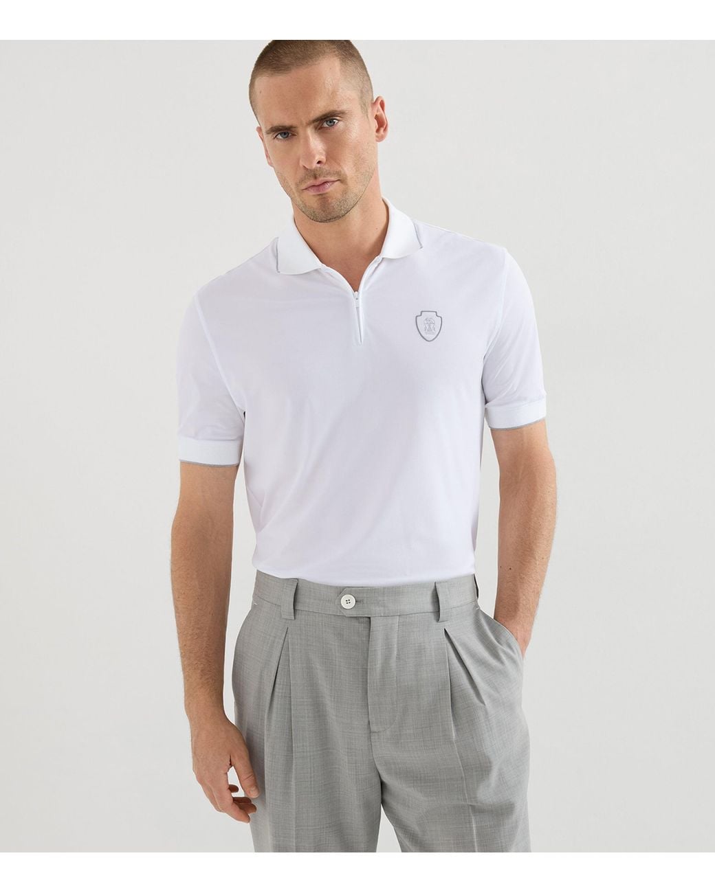 Brunello Cucinelli White Technical Crest Zip-Up Polo Shirt for men