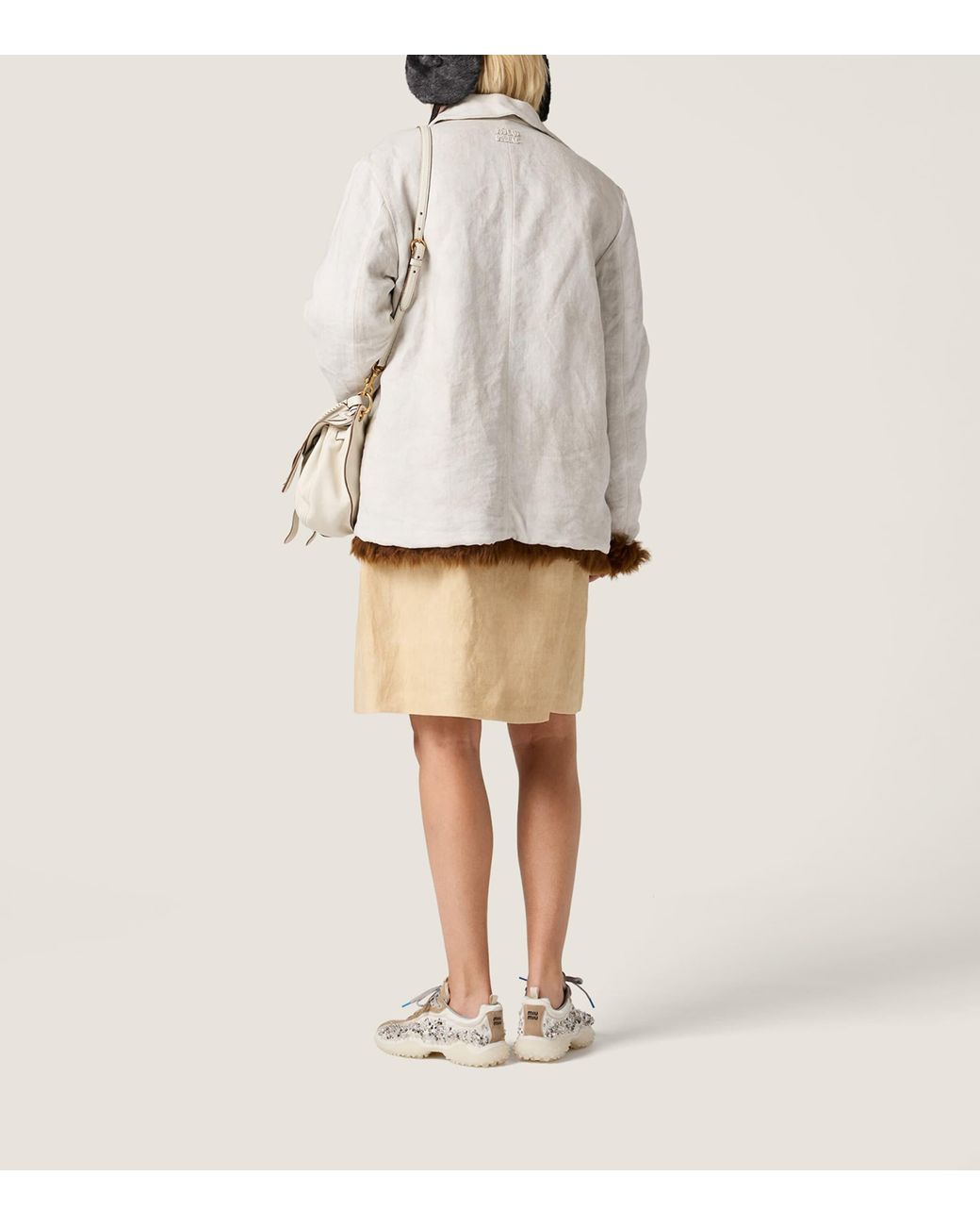 Miu Miu Natural Linen Frayed-Logo Mini Skirt