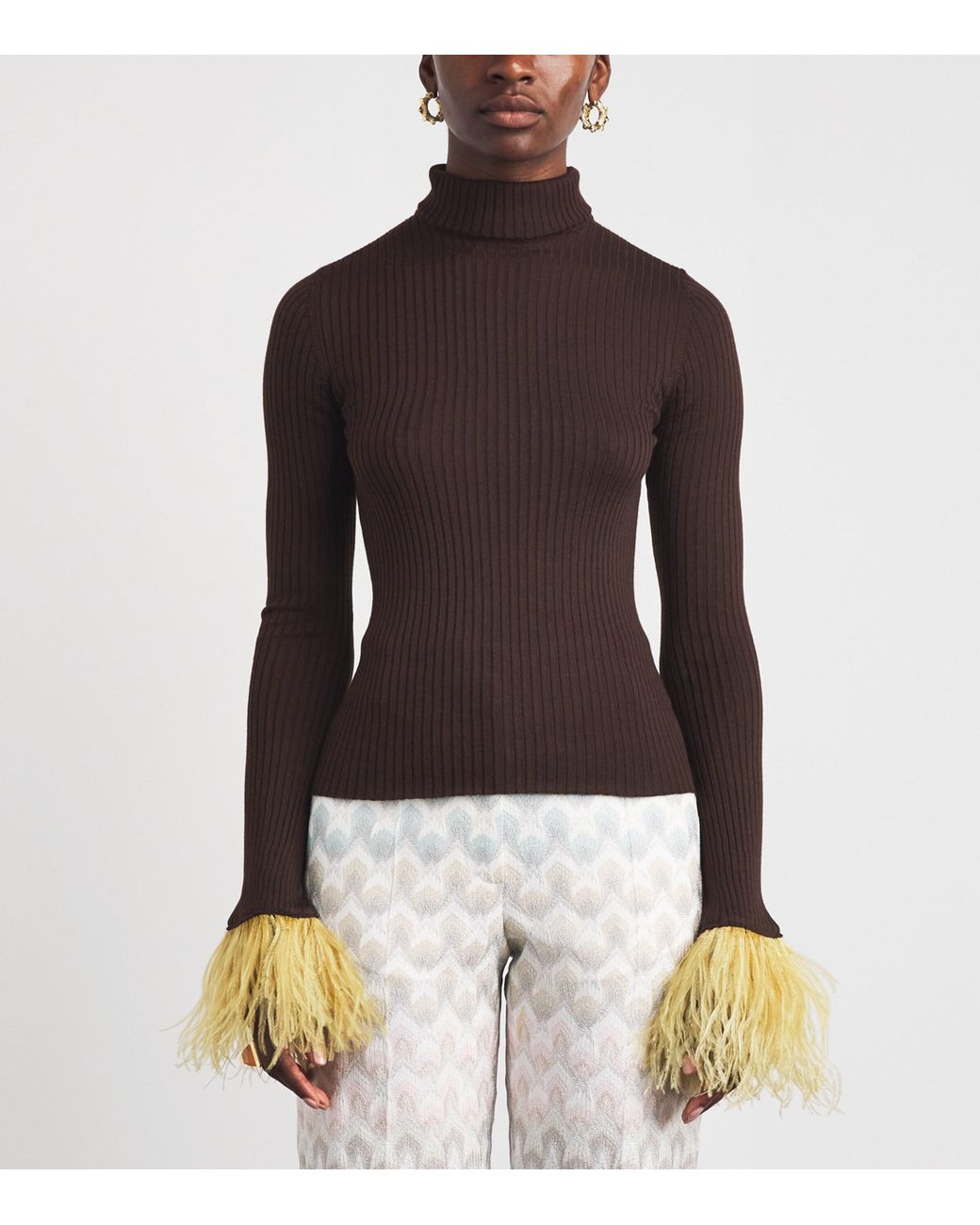 LaDoubleJ Brown Cashmere-Silk Feather-Trim Sweater