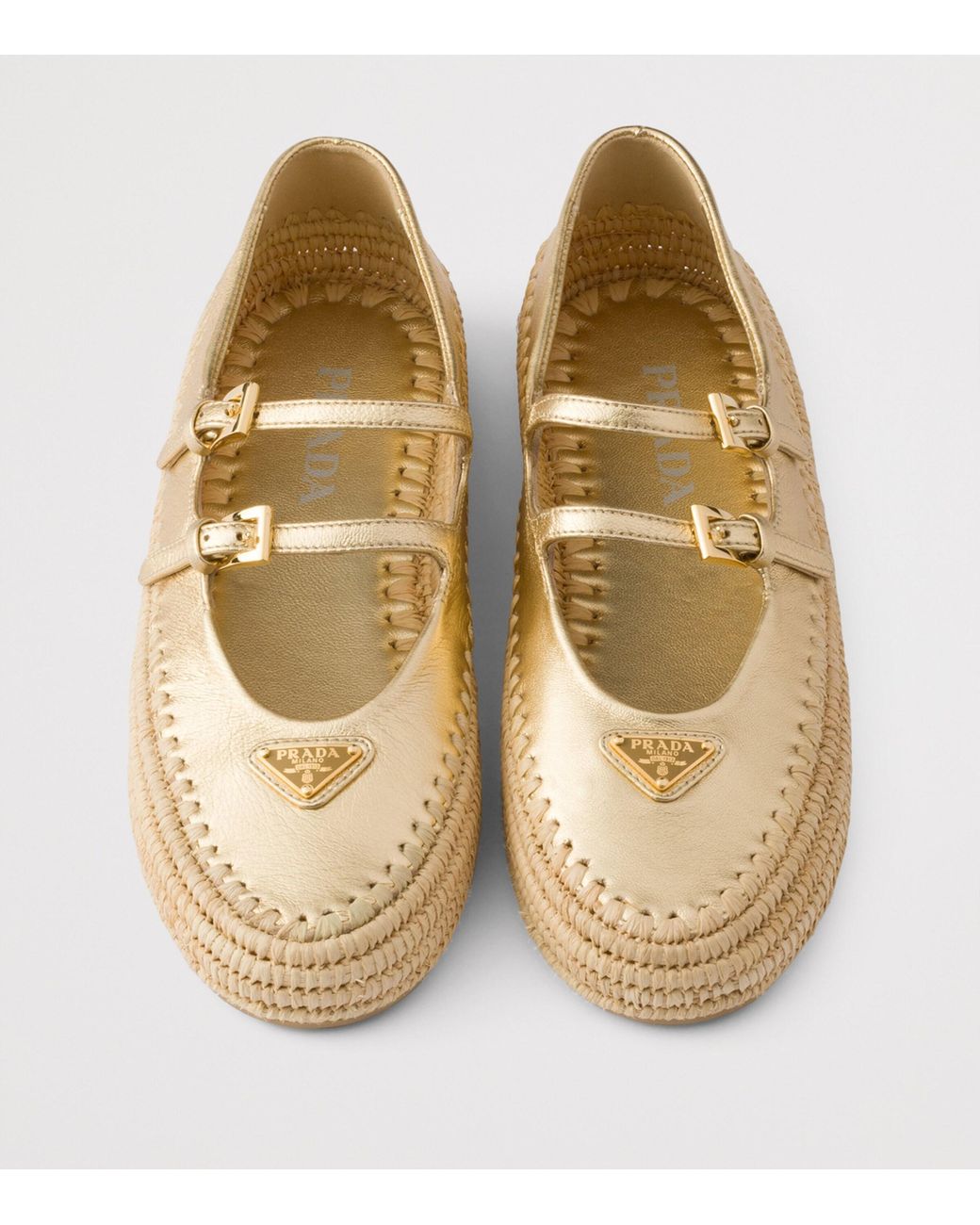 Prada Leather And Raffia Ballet Flats in Natural | Lyst UK