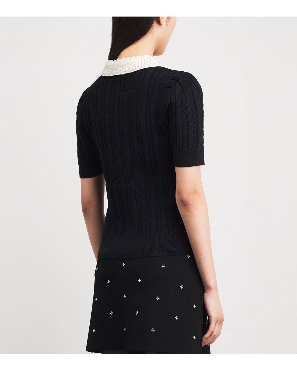 Sandro Black Cotton-Wool-Blend Cable-Knit Pearl-Collar Sweater