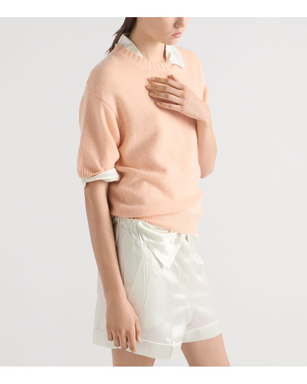 Prada Natural Wool-Cashmere Short-Sleeve Sweater